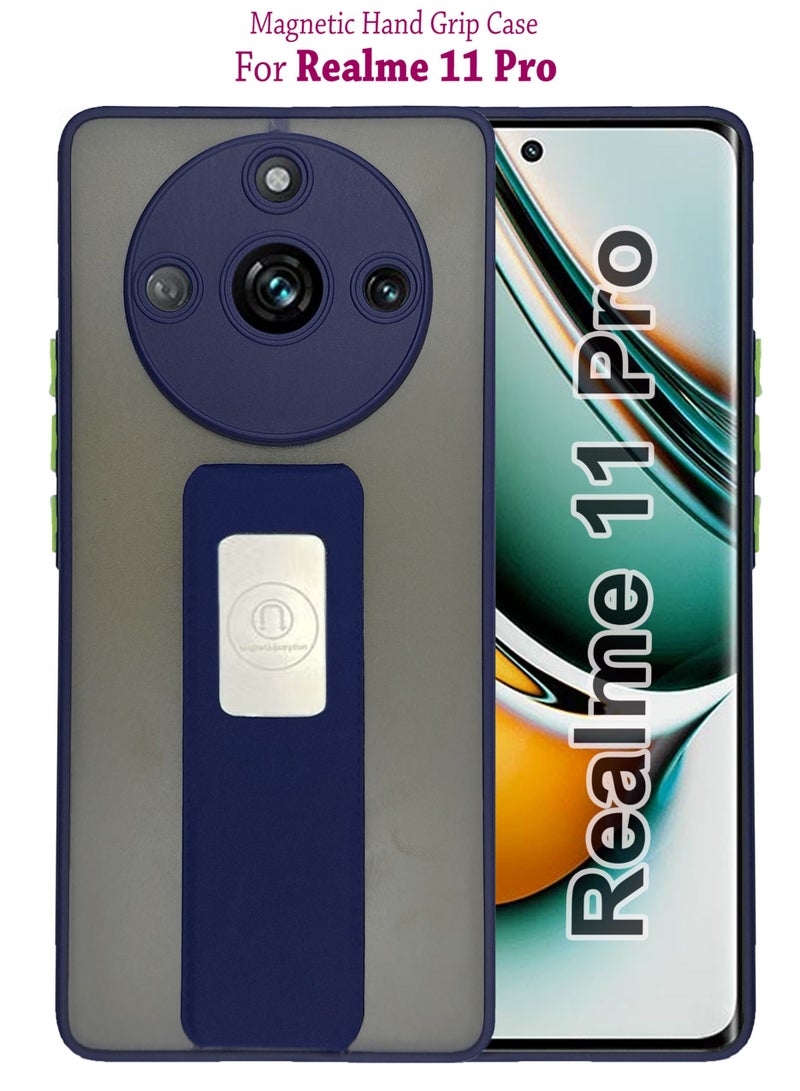 Waldic Premium Protective Case Cover With Magnetic Hand Grip For Realme 11 Pro - Dark Blue - Image 1