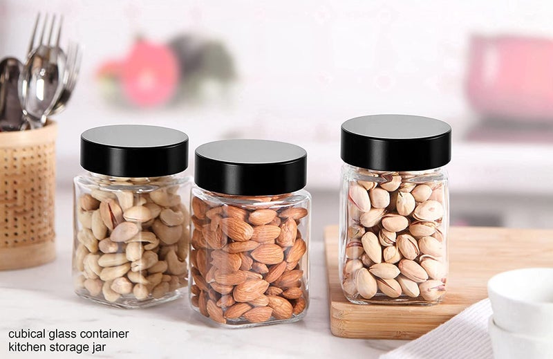 Vency Piramal Glass Cubical Square 300ml Transparent Glass Jars & Containers for Kitchen Pantry, Snacks, Masala, Pickles, Dry Fruits, Coffee Beans Storage with Black Plastic Lid (300ml, Set Of 3) - Image 4