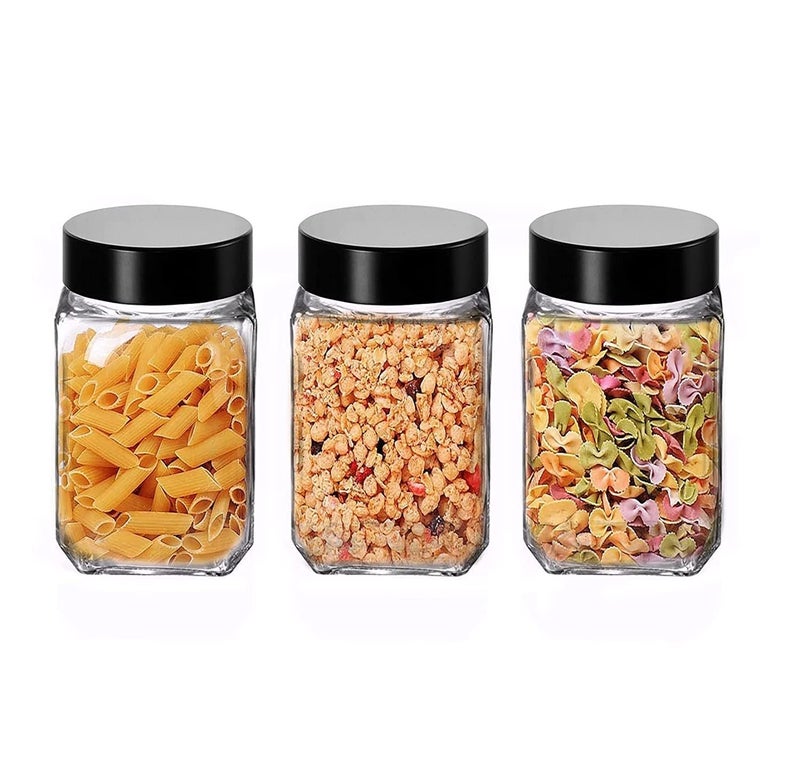 Vency Piramal Glass Cubical Square 300ml Transparent Glass Jars & Containers for Kitchen Pantry, Snacks, Masala, Pickles, Dry Fruits, Coffee Beans Storage with Black Plastic Lid (300ml, Set Of 3) - Image 1