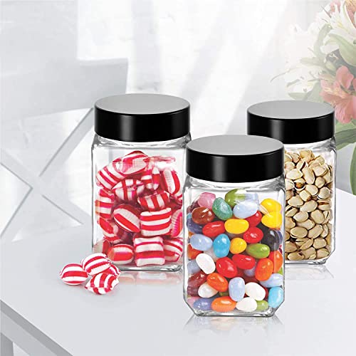 Vency Piramal Glass Cubical Square 300ml Transparent Glass Jars & Containers for Kitchen Pantry, Snacks, Masala, Pickles, Dry Fruits, Coffee Beans Storage with Black Plastic Lid (300ml, Set Of 3) - Image 2