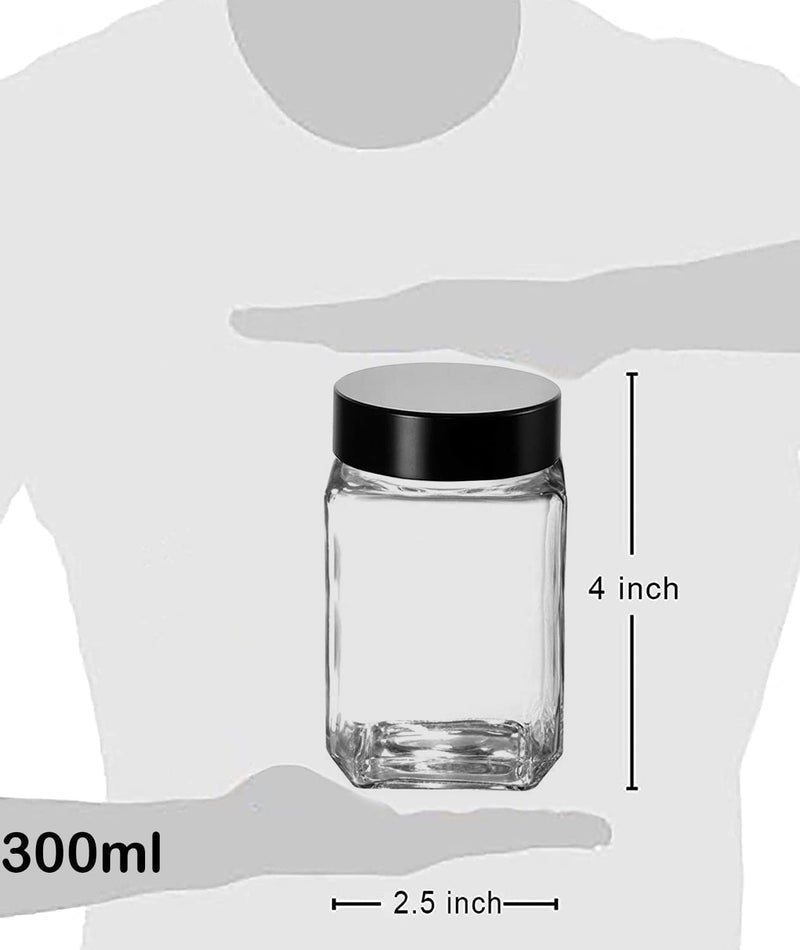 Vency Piramal Glass Cubical Square 300ml Transparent Glass Jars & Containers for Kitchen Pantry, Snacks, Masala, Pickles, Dry Fruits, Coffee Beans Storage with Black Plastic Lid (300ml, Set Of 3) - Image 3