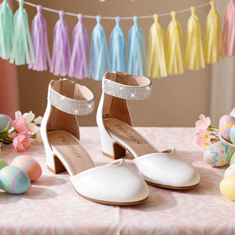 LAURMOSA Girls Dress Shoes Size 3 Flower Girl Shoes Rhinestone Heels White Girls High Heels for Kids Formal Closed Toe Chunky Heel Pumps Big Kids Wedding Party First Communion Church (L1053PULWhite 3) - Image 4