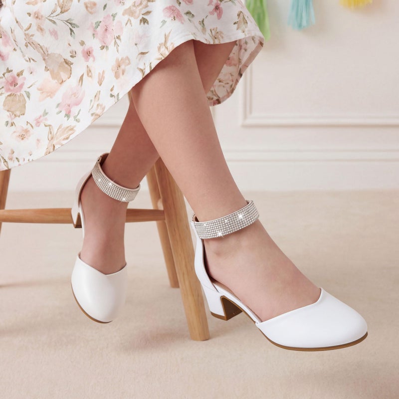LAURMOSA Girls Dress Shoes Size 3 Flower Girl Shoes Rhinestone Heels White Girls High Heels for Kids Formal Closed Toe Chunky Heel Pumps Big Kids Wedding Party First Communion Church (L1053PULWhite 3) - Image 2