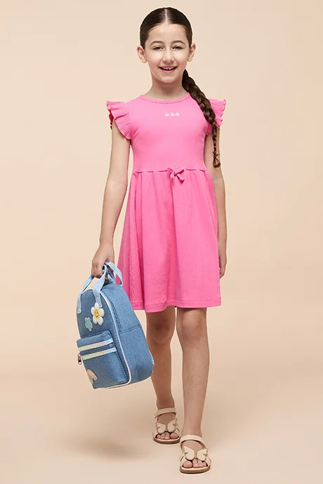 أر أند بي Ribbed Fit & Flare Dress with Crew Neck and Fluter Sleeves