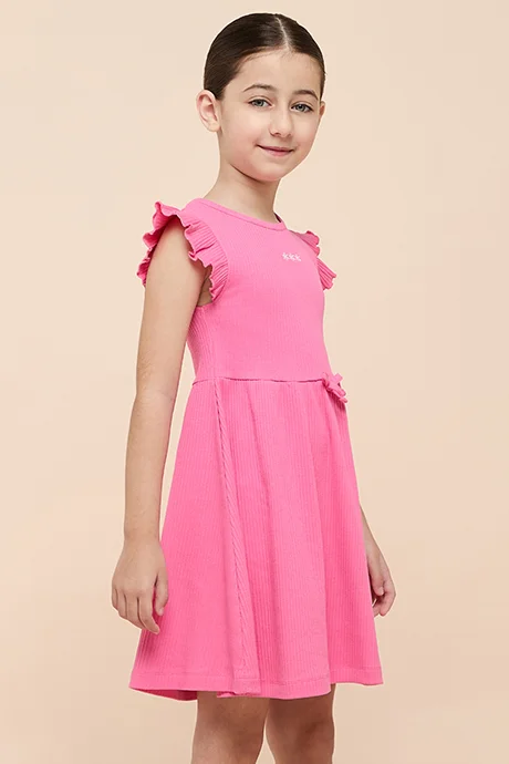 أر أند بي Ribbed Fit & Flare Dress with Crew Neck and Fluter Sleeves