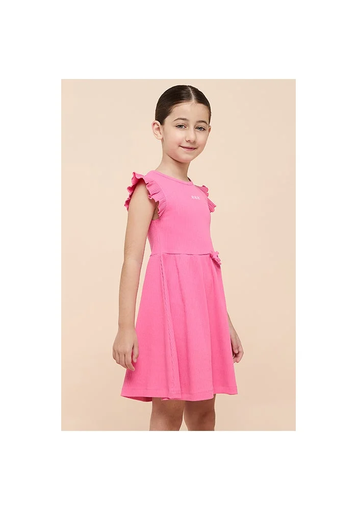 أر أند بي Ribbed Fit & Flare Dress with Crew Neck and Fluter Sleeves