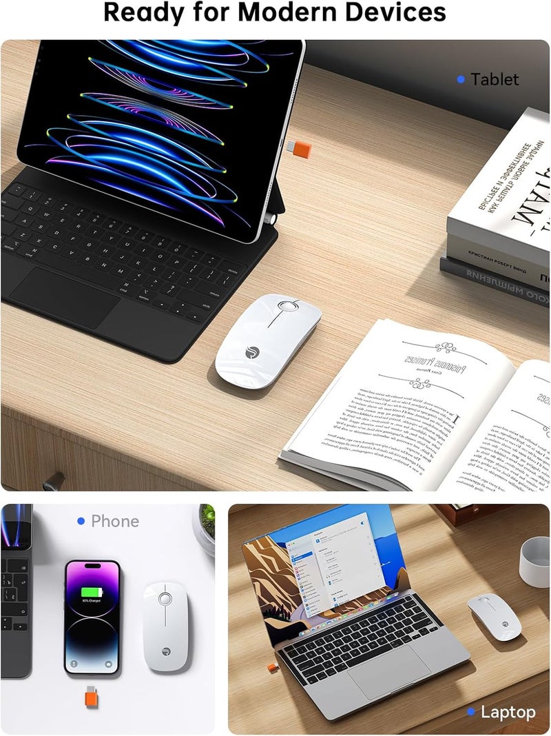 RAPIQUE R306C USB C Wireless Mouse, Type-C 2.4GHz Portable Computer Mouse, Silent Click, Ultra-Slim, 3-Speed DPI, 480 Hours Battery Life, for USB-C Laptops, MacBook, iPad, Surface Pro, MacOS - White - Image 4