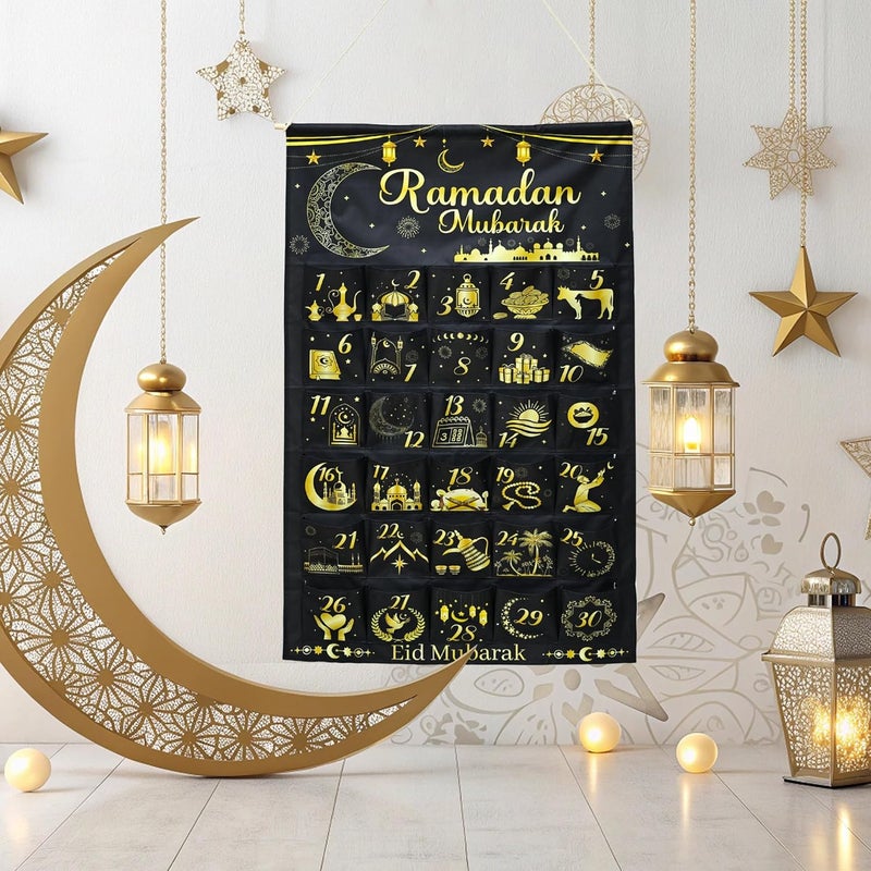 تقويم العد التنازلي لرمضان مبارك من القماش: 30 يومًا من الغموض، تقويم العد التنازلي لعيد مبارك، تقويم المجيء مع 30 جيبًا ليوم رمضان، زينة حائط للمنزل. - Image 2