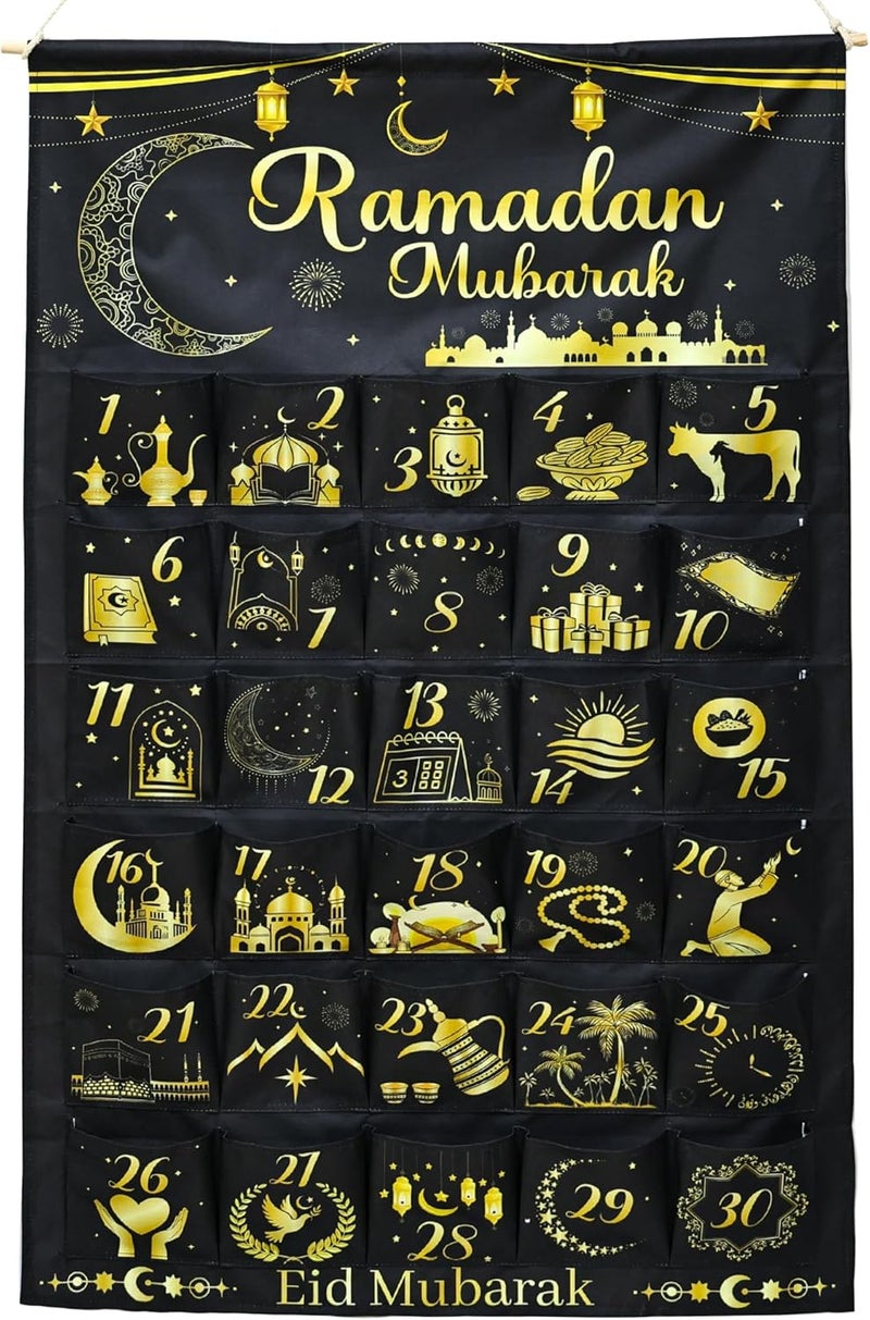 تقويم العد التنازلي لرمضان مبارك من القماش: 30 يومًا من الغموض، تقويم العد التنازلي لعيد مبارك، تقويم المجيء مع 30 جيبًا ليوم رمضان، زينة حائط للمنزل. - Image 1