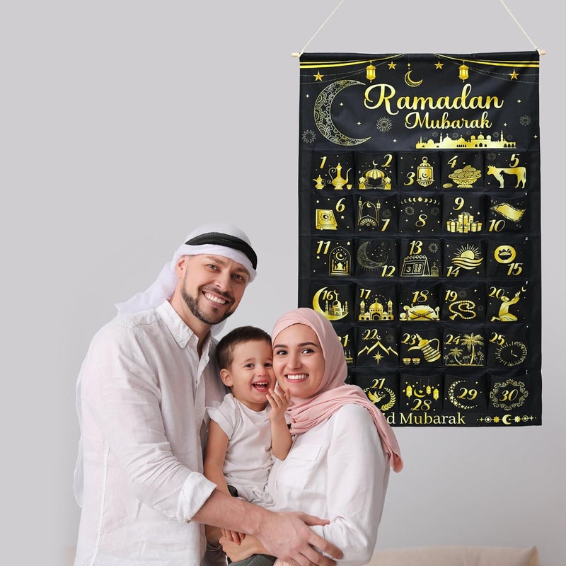 تقويم العد التنازلي لرمضان مبارك من القماش: 30 يومًا من الغموض، تقويم العد التنازلي لعيد مبارك، تقويم المجيء مع 30 جيبًا ليوم رمضان، زينة حائط للمنزل. - Image 3