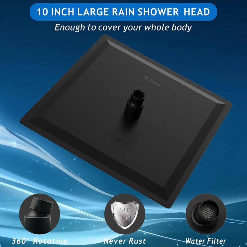 Voolan Rain Shower head, High Pressure Shower Head Made of 304 Stainless Steel, Relaxed Shower Experience Even at Low Water Flow & Pressure (10" Black) - Image 2