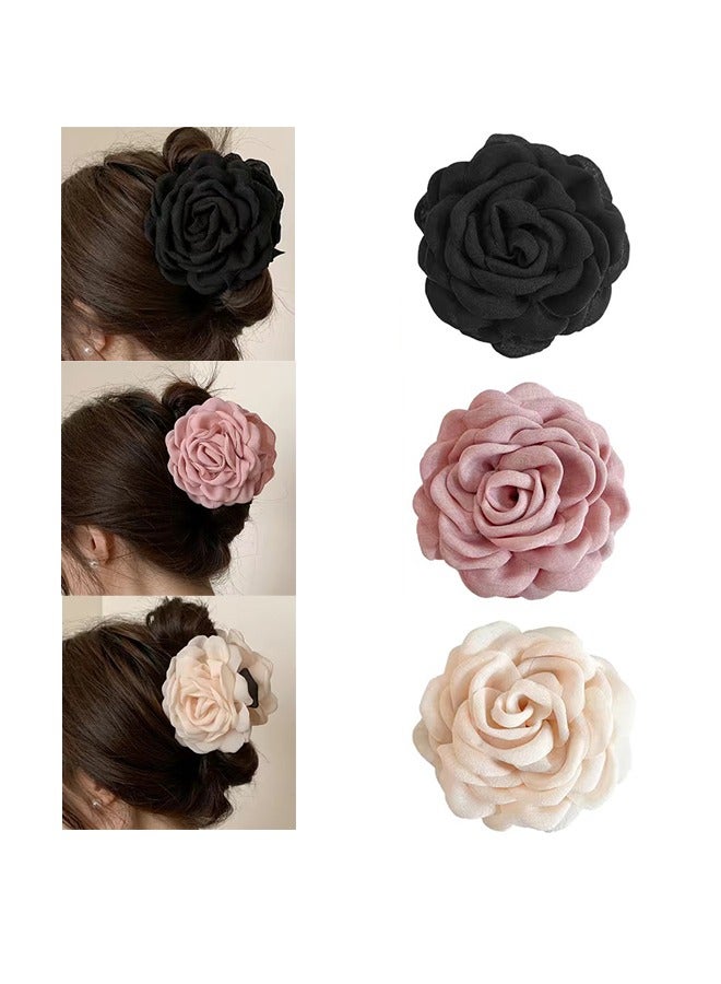 3Pcs Rose Flower Claws Clips for Women, Large Hawaiian Rose Hair Clips, Floral Hair Clips for Women Girls Thin Hair, Blooming Rose Claws Clips, Non Slip Strong Hold for Thick Hair - Image 1