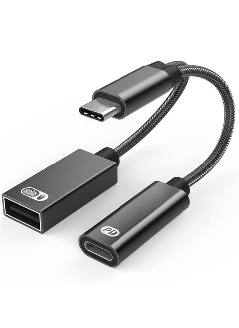 2-in-1 USB Type C to USB Adapter (OTG Cable + Power Cable) for Steam Deck, Switch, Chromecast Google TV, MacBook, iPad, 3D Printer, Samsung Galaxy S20 S21 S22, Google Pixel and More - Black