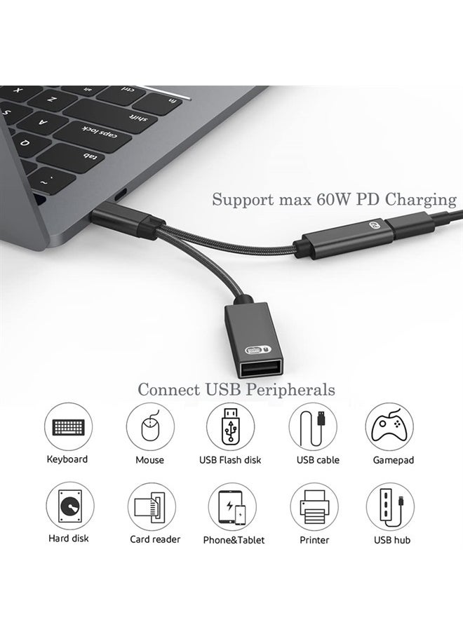 2-in-1 USB Type C to USB Adapter (OTG Cable + Power Cable) for Steam Deck, Switch, Chromecast Google TV, MacBook, iPad, 3D Printer, Samsung Galaxy S20 S21 S22, Google Pixel and More - Black