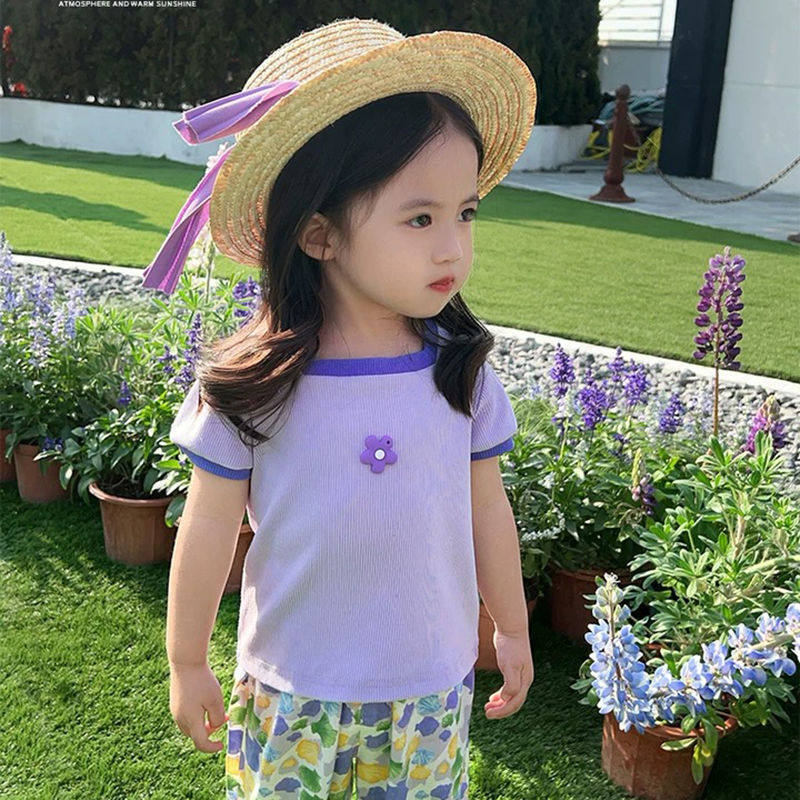 Summer Girls' Short-sleeved T-shirt Baby Stylish Children's Personalized Trendy Brand Cute Fresh Striped Flower Square Collar Top - Image 1