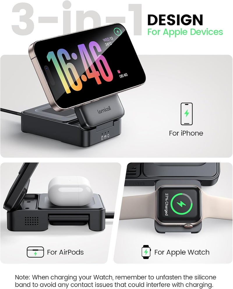 Lamicall 3 in 1 Charging Station for Apple - Foldable Wireless Charger Stand for Mag Safe Portable, Travel Wireless Charger Station for Multiple Devices for iPhone 17, 16, 15, 14, Apple Watch, AirPods - Image 4