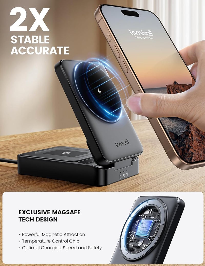 Lamicall 3 in 1 Charging Station for Apple - Foldable Wireless Charger Stand for Mag Safe Portable, Travel Wireless Charger Station for Multiple Devices for iPhone 17, 16, 15, 14, Apple Watch, AirPods - Image 5