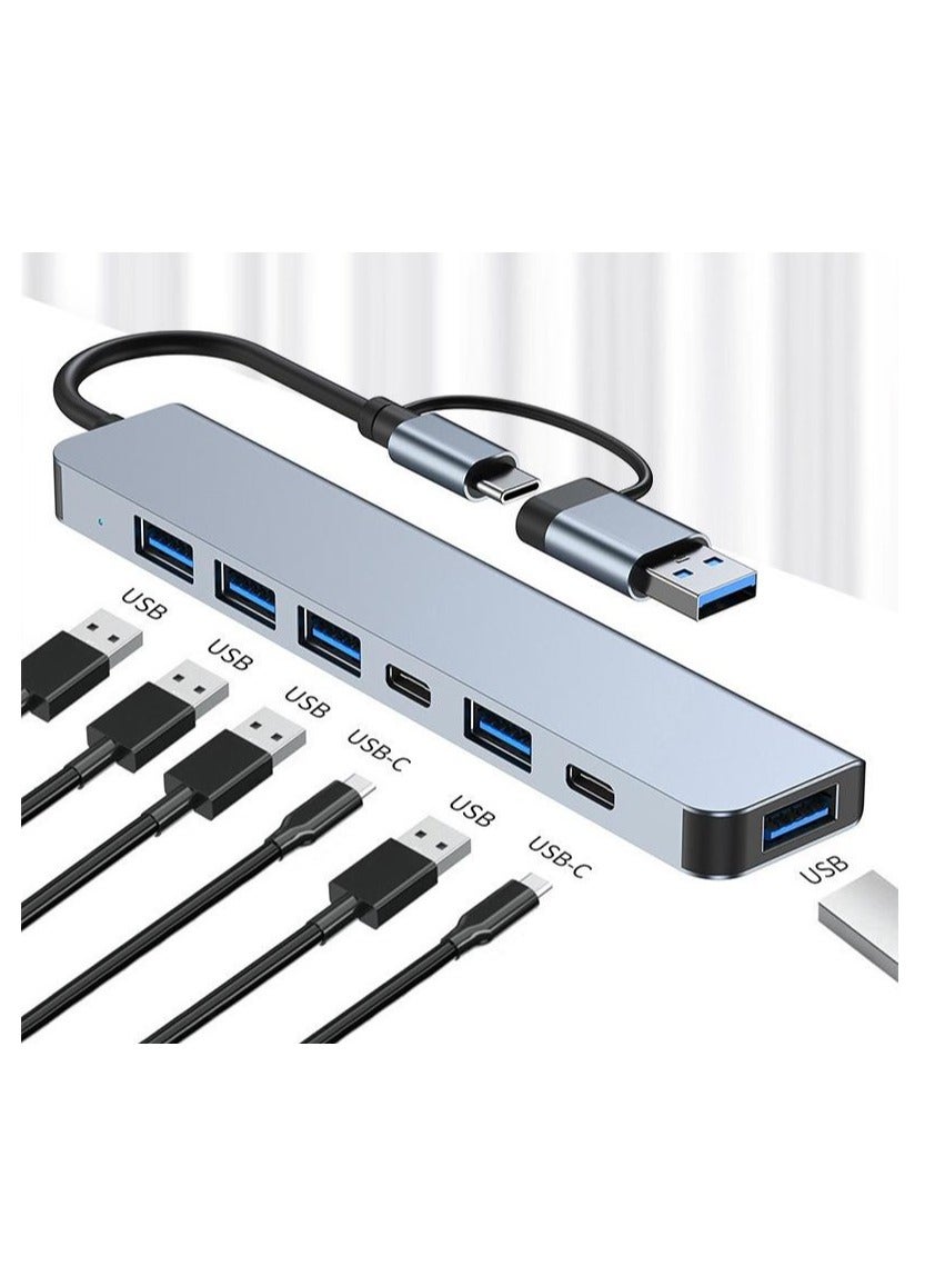 7-in-1 USB Hub Docking Station with Dual Input (USB-C & USB-A) – 5 USB 3.0 Ports + 2 Type-C Outputs – Multiport Adapter for Laptop, Phone, Tablet – OTG Compatible, Aluminum Shell, Plug & Play – Boxed