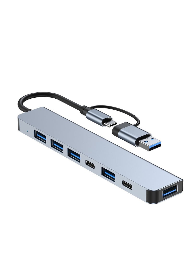7-in-1 USB Hub Docking Station with Dual Input (USB-C & USB-A) – 5 USB 3.0 Ports + 2 Type-C Outputs – Multiport Adapter for Laptop, Phone, Tablet – OTG Compatible, Aluminum Shell, Plug & Play – Boxed - Image 2