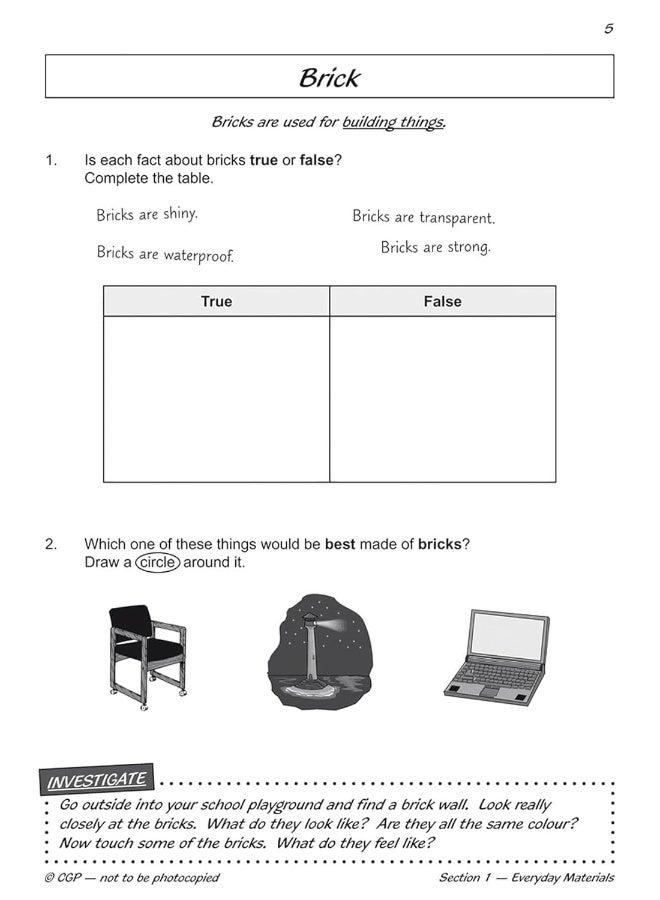 KS1 Science Yr 2 Workout Uses Materials