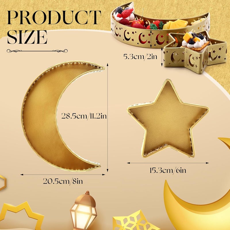 GlikCeil 6 قطع صينية حلويات عيد مبارك على شكل قمر ونجمة صينية طعام للحلويات صينية معدنية للإفطار والعشاء وعرض الحلويات زينة طاولة عيد إسلامي مسلم باللون الذهبي - Image 2