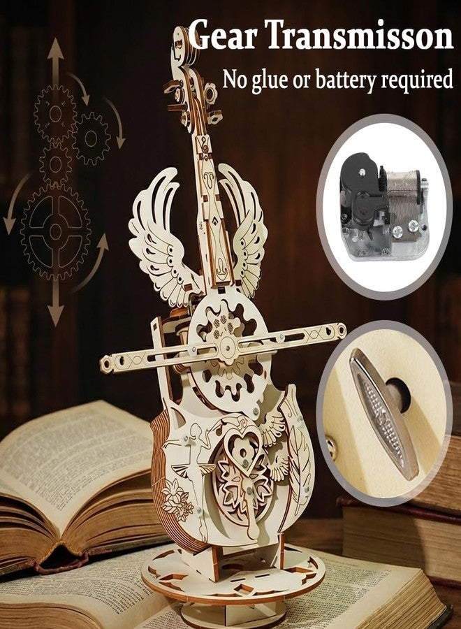 PATPAT® DIY Cello Wooden Music Box with Angel Wings, 3D Puzzle Toys Craft Model, Assemble Without Tools, Working Music Box with Movable Strings, Craft Items Decorative Ornament 17x27cm - Image 3