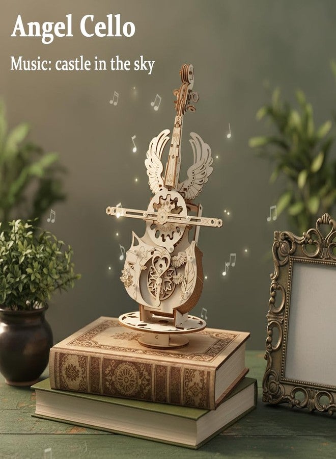 PATPAT® DIY Cello Wooden Music Box with Angel Wings, 3D Puzzle Toys Craft Model, Assemble Without Tools, Working Music Box with Movable Strings, Craft Items Decorative Ornament 17x27cm - Image 2