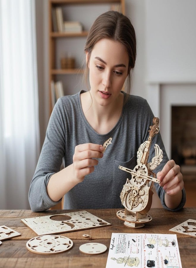 PATPAT® DIY Cello Wooden Music Box with Angel Wings, 3D Puzzle Toys Craft Model, Assemble Without Tools, Working Music Box with Movable Strings, Craft Items Decorative Ornament 17x27cm - Image 5