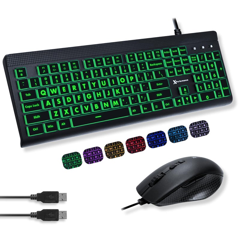 X9 Performance Wired Keyboard and Mouse Combo - Easy to See Backlit Large Print Keyboard Mouse for PC and Windows with 107 Light Up Keys, 7 Color LEDs, USB Wired, 4 DPI Modes - Image 1