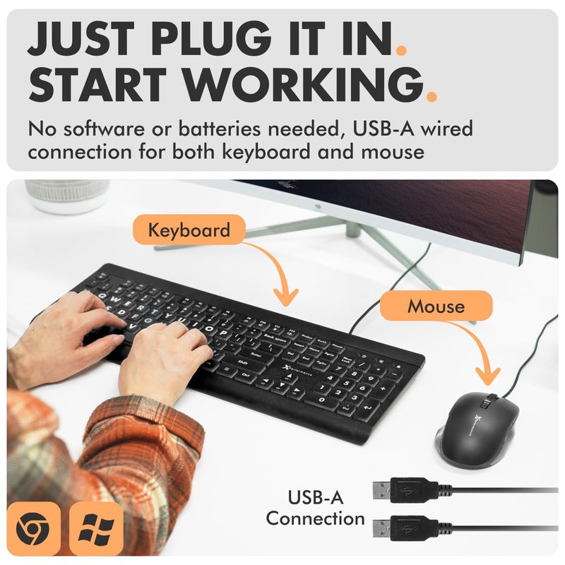 X9 Performance Wired Keyboard and Mouse Combo - Easy to See Backlit Large Print Keyboard Mouse for PC and Windows with 107 Light Up Keys, 7 Color LEDs, USB Wired, 4 DPI Modes - Image 2