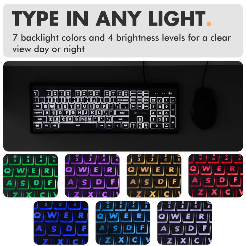 X9 Performance Wired Keyboard and Mouse Combo - Easy to See Backlit Large Print Keyboard Mouse for PC and Windows with 107 Light Up Keys, 7 Color LEDs, USB Wired, 4 DPI Modes - Image 5