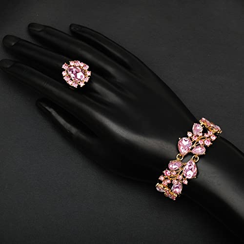 CSY 4 Pcs/Set Austrian Crystal Necklace Earrings Bracelet Ring Bridal Jewelry Sets for Brides Wedding Party Costume Accessories Gifts for Women (02-gold plated-pink) - Image 5