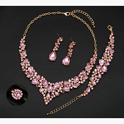 CSY 4 Pcs/Set Austrian Crystal Necklace Earrings Bracelet Ring Bridal Jewelry Sets for Brides Wedding Party Costume Accessories Gifts for Women (02-gold plated-pink) - Image 4