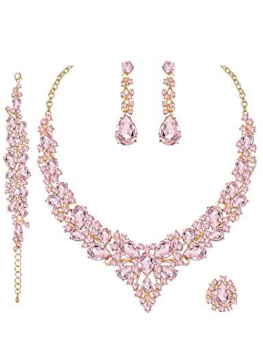 CSY 4 Pcs/Set Austrian Crystal Necklace Earrings Bracelet Ring Bridal Jewelry Sets for Brides Wedding Party Costume Accessories Gifts for Women (02-gold plated-pink) - Image 1