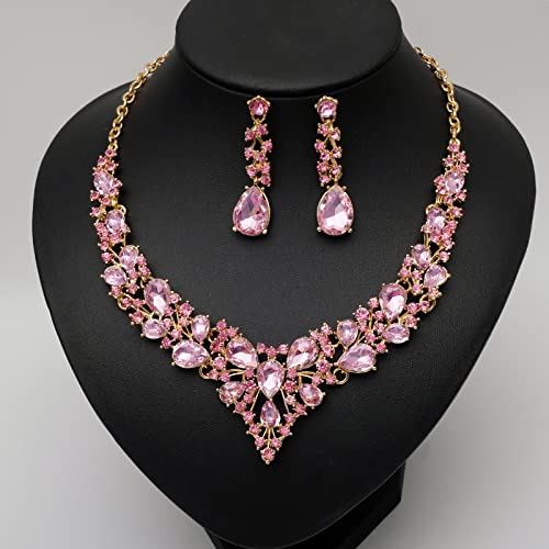 CSY 4 Pcs/Set Austrian Crystal Necklace Earrings Bracelet Ring Bridal Jewelry Sets for Brides Wedding Party Costume Accessories Gifts for Women (02-gold plated-pink) - Image 3