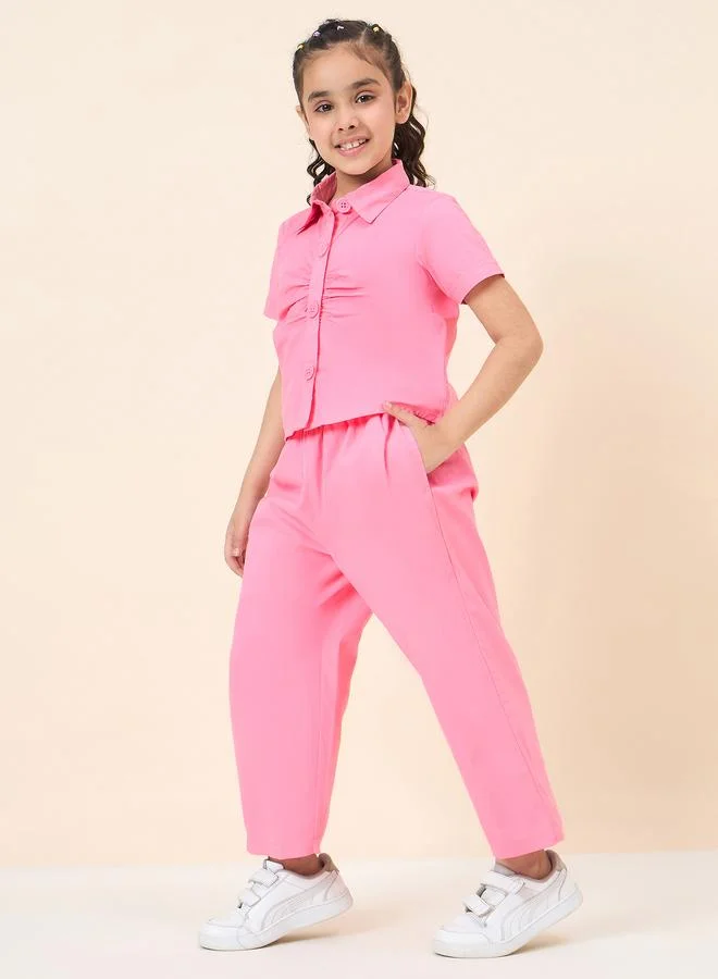 Stylo Bug Stylo Bug Pink Solid Gathered Shirt and Pants Set