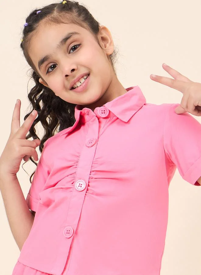 Stylo Bug Stylo Bug Pink Solid Gathered Shirt and Pants Set