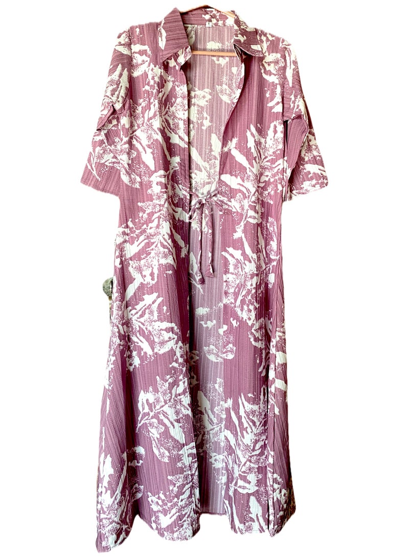 Floral Tie-up Long Shrug/Kimono Robe, Mauve and White Print, 3/4 Sleeve Length,Delta Crush Material/Maternity  - Image 3