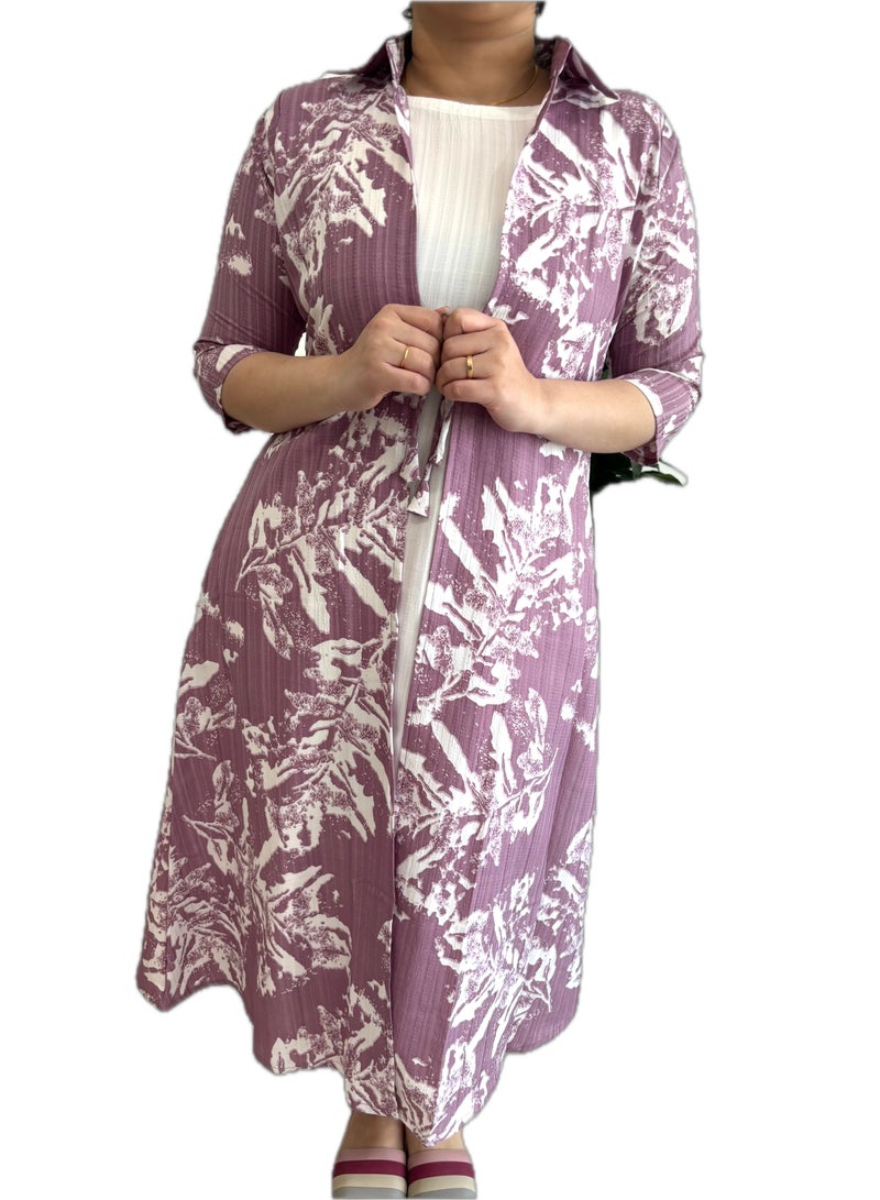 Floral Tie-up Long Shrug/Kimono Robe, Mauve and White Print, 3/4 Sleeve Length,Delta Crush Material/Maternity  - Image 1