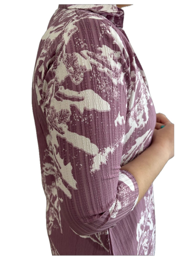 Floral Tie-up Long Shrug/Kimono Robe, Mauve and White Print, 3/4 Sleeve Length,Delta Crush Material/Maternity  - Image 2