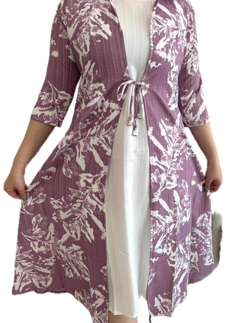 Floral Tie-up Long Shrug/Kimono Robe, Mauve and White Print, 3/4 Sleeve Length,Delta Crush Material/Maternity  - Image 4