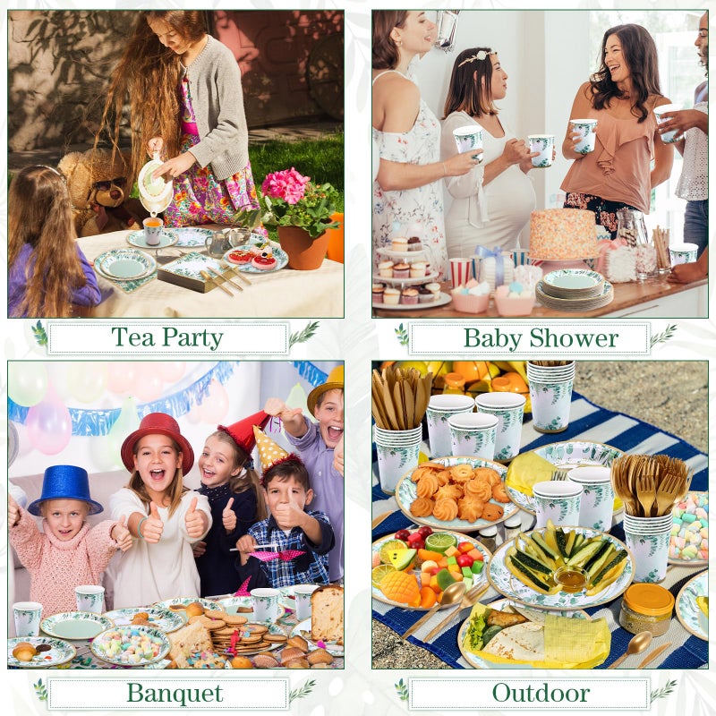 Ziliny 350 Pcs Tea Party Supplies Spring Summer Sage Green Tableware Set Disposable Plates Napkins Paper Cups Plastic Cutlery Set for Birthday Bridal Baby Shower Serves 50 - Image 3