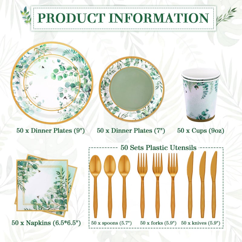 Ziliny 350 Pcs Tea Party Supplies Spring Summer Sage Green Tableware Set Disposable Plates Napkins Paper Cups Plastic Cutlery Set for Birthday Bridal Baby Shower Serves 50 - Image 2
