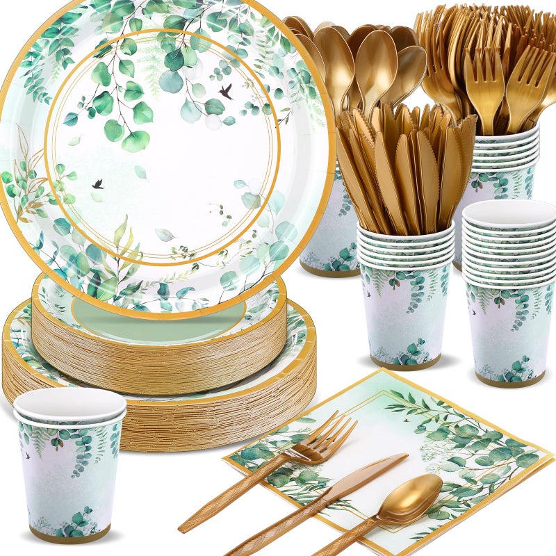 Ziliny 350 Pcs Tea Party Supplies Spring Summer Sage Green Tableware Set Disposable Plates Napkins Paper Cups Plastic Cutlery Set for Birthday Bridal Baby Shower Serves 50 - Image 1