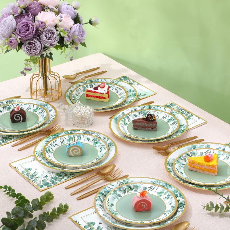 Ziliny 350 Pcs Tea Party Supplies Spring Summer Sage Green Tableware Set Disposable Plates Napkins Paper Cups Plastic Cutlery Set for Birthday Bridal Baby Shower Serves 50 - Image 5