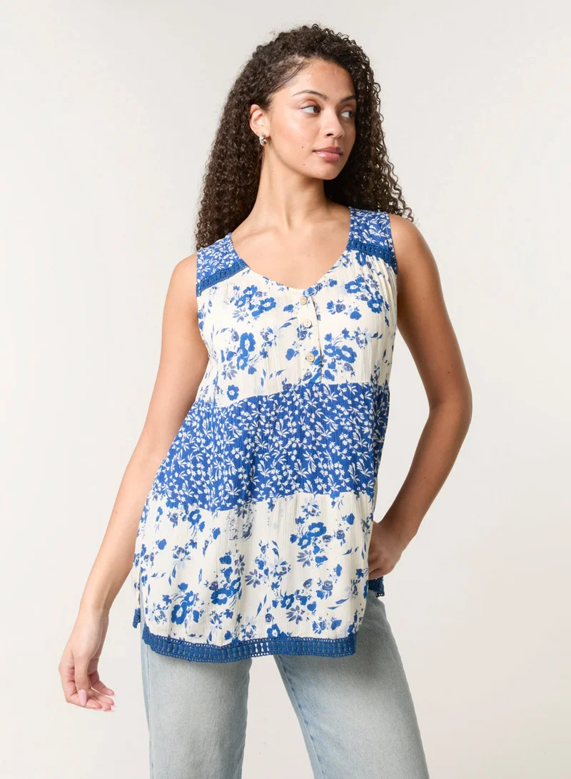 Blue Vanilla Crochet Mix Button Front Top