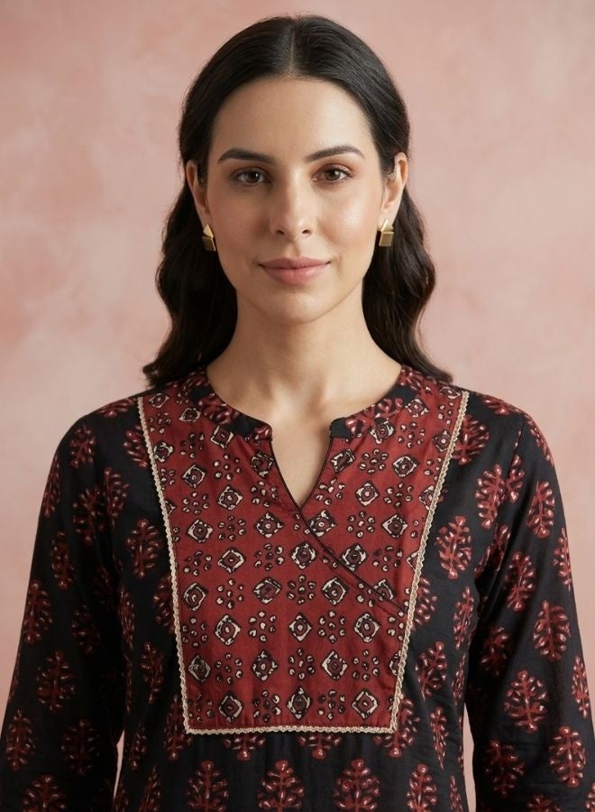 Yuris Women Black  Maroon Cotton Ethnic Motif Block Print Kurta with Trousers  Dupatta - Image 2