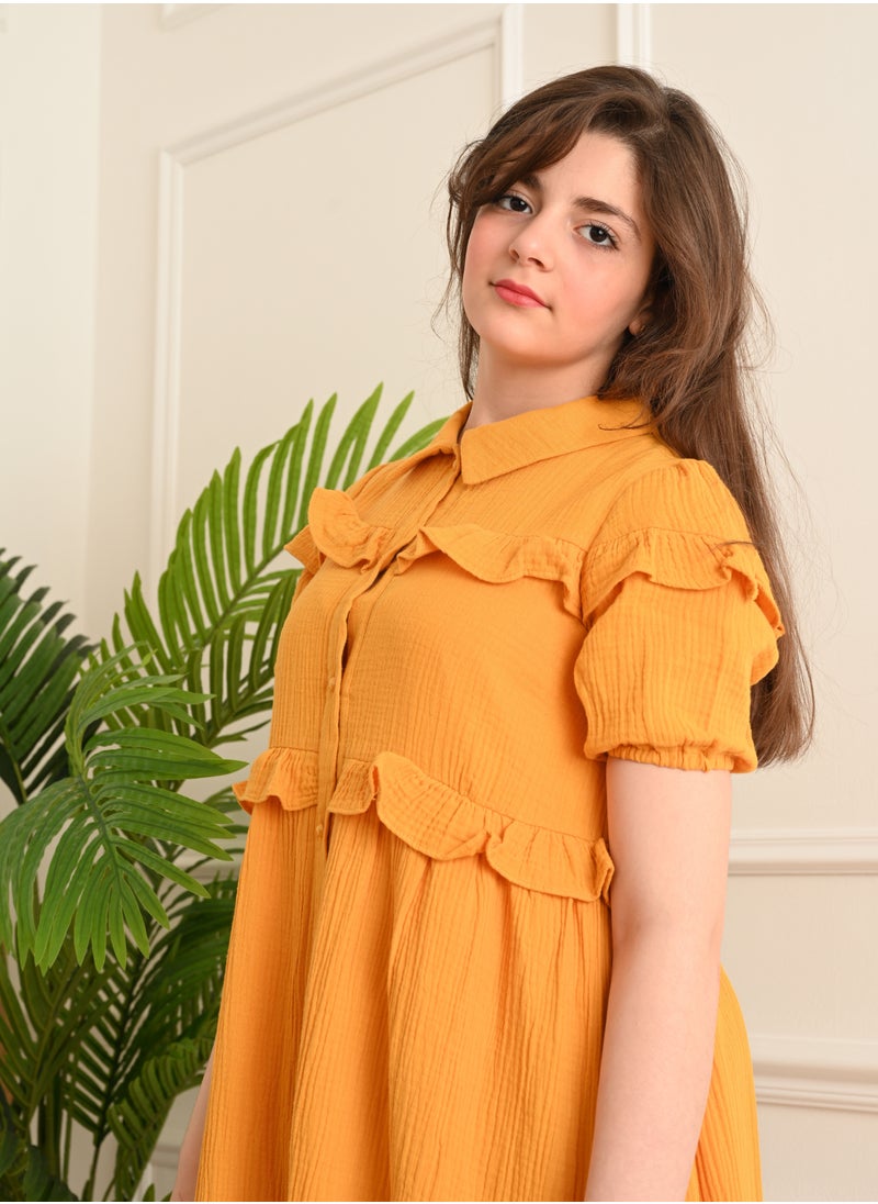 FULL JOY - Girls' Dress with text sleeves with  elegant design,Orange - Image 1