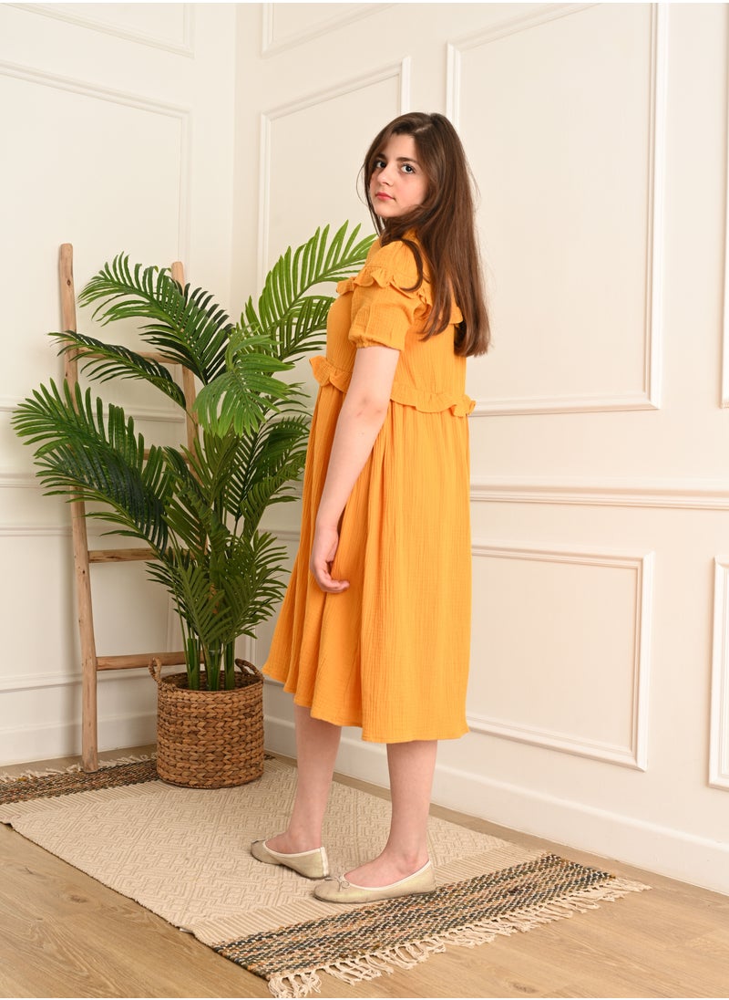 FULL JOY - Girls' Dress with text sleeves with  elegant design,Orange - Image 1