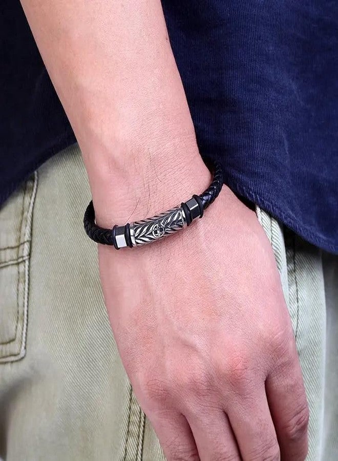 THE MEN THING TRINKET BLACK - Woven Black Genuine Leather Bracelet with Stainless Steel Magnetic Buckle for Men & Boy (8 inch) - Image 2